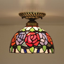 8 Inch European Stained Glass Rose Style Flush Mount