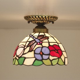 8 Inch European Stained Glass Dragonfly Style Flush Mount