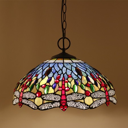 16 Inch European Stained Glass Dragonfly Style Pendant Light