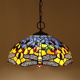 16 Inch European Stained Glass Dragonfly Style Pendant Light