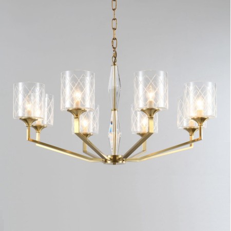 Fine Brass 8 Light Chandelier with Glass Shades