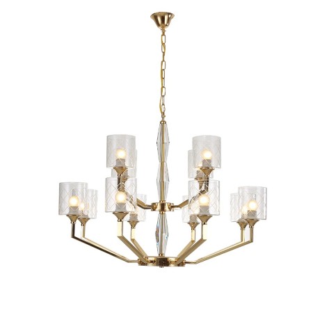 Two Tiers Fine Brass 12 Light Chandelier with Glass Shades