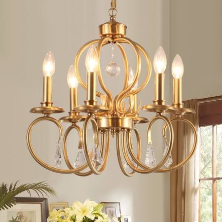 Fine Brass 6 Light Crystal Candle Style Chandelier