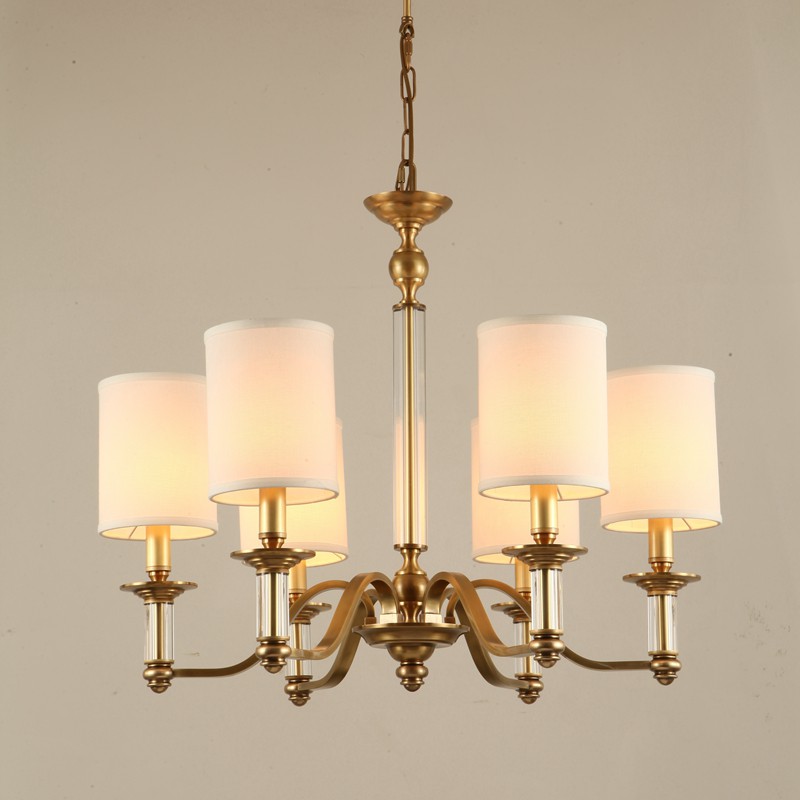 Fine Brass 6 Light Crystal Chandelier with Fabric Shades LightingMe