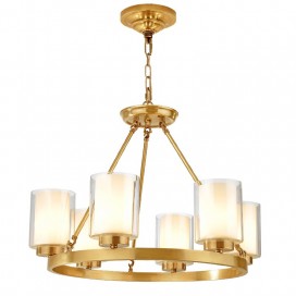 Fine Brass 6 Light Chandelier with Two Tiers Glass Shades