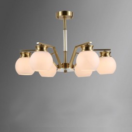 Fine Brass 6 Light Crystal Chandelier with White Glass Shades