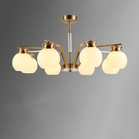 Fine Brass 8 Light Crystal Chandelier with White Glass Shades