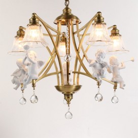 Fine Brass 5 Light Crystal Chandelier with Glass Shades