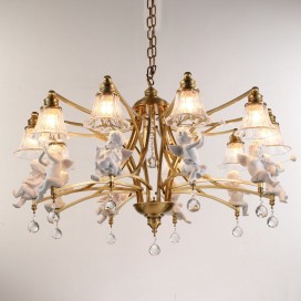 Fine Brass 10 Light Crystal Chandelier with Glass Shades