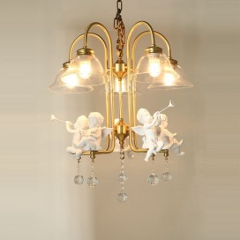 Fine Brass 5 Light Crystal Chandelier with Glass Shades
