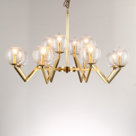 Fine Brass 12 Light Chandelier with Ball Glass Shades