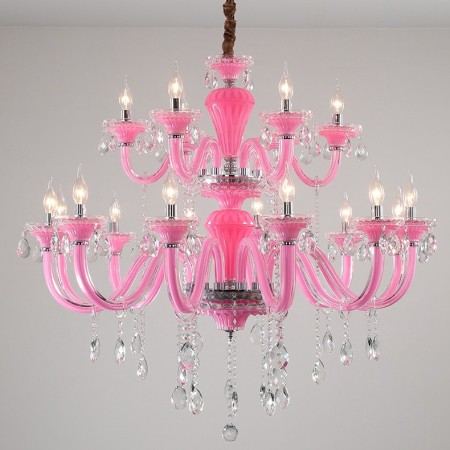 18 Light (12+6) 2 Tiers Pink Candle Style Crystal Chandelier