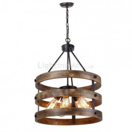 Retro Circular Wood Pendant Lamp 5 Light Cage Shade Light Fixture Living Room Kitchen