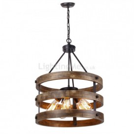 Retro Circular Wood Pendant Lamp 5 Light Cage Shade Light Fixture Living Room Kitchen