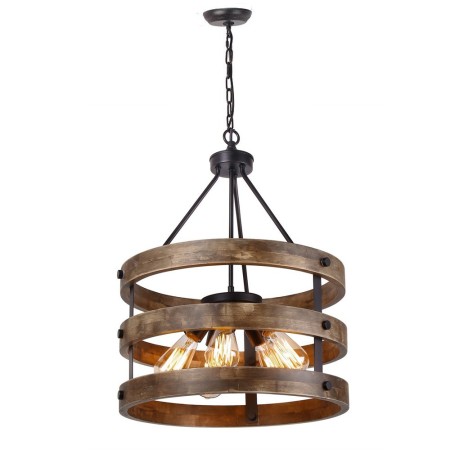 Retro Circular Wood Pendant Lamp 5 Light Cage Shade Light Fixture Living Room Kitchen