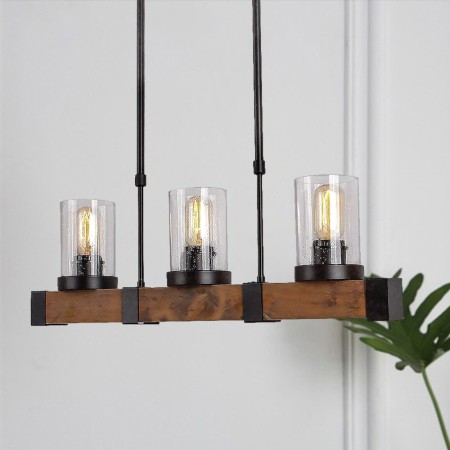 Retro Wood Pendant Lamp Glass Lampshade Industrial Light Fixture Living Room Office