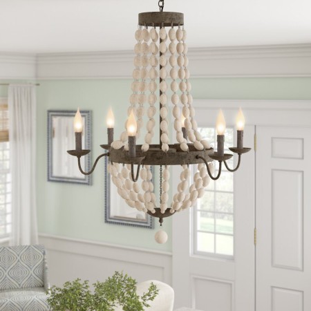 Retro Style Wooden Beads Chandelier Decor Candle Pendant Lamp Bedroom Living Room