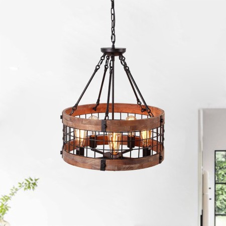 Retro Circular Wood Pendant Lamp 5 Light Cage Shade Light Fixture Living Room Kitchen