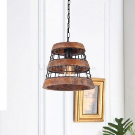 Retro Style Wood Pendant Lamp Single Light Hat Shape Light Fixture Kitchen Island Office