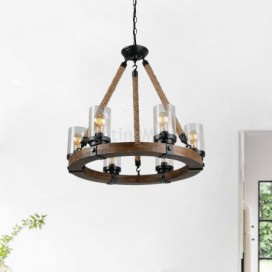 Farmhouse Rustic Wood Pendant Lamp 6 Light Decor Light Fixture Living Room Kitchen