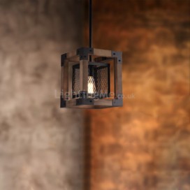 Retro Wood+Iron Pendant Lamp Single Light Iron Net Lighting Kitchen Island Office