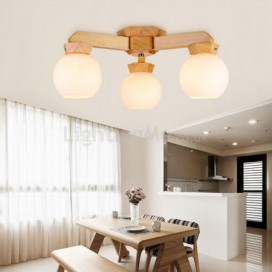 Modern Simple Wooden Pendant Light Glass Lampshade Chandelier Study Bedroom