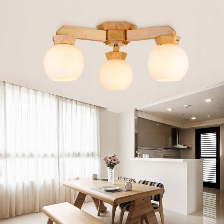 Modern Simple Wooden Pendant Light Glass Lampshade Chandelier Study Bedroom