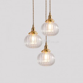 Clear Round Ribbed Glass Pendant Light Pumpkin Shape