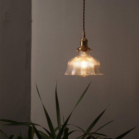 Dome Large Clear Ribbed Glass Pendant Light with Brass Holder Twist Switch