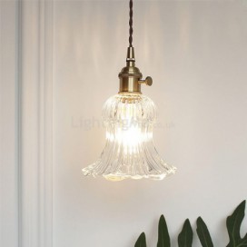 Clear Ribbed Glass Pendant Light Flower Shape Lamp With Twist Switch