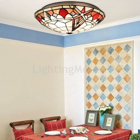 Stained Glass Flush Mounted 3-Light Ceiling Lamp