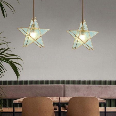 Modern Stained Glass Star Pendant Light Brass Hanging Light Length Adjustable