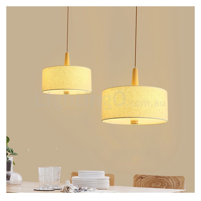 Wooden Modern Contemporary Drum Pendant Light with Fabric Shade