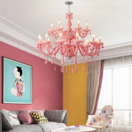 18 Light (12+6) 2 Tiers Nordic Style Macaron Pink Kids Room Candle Style Crystal Chandelier