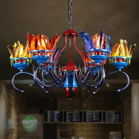 6 Light Feather Retro Steel Chandelier