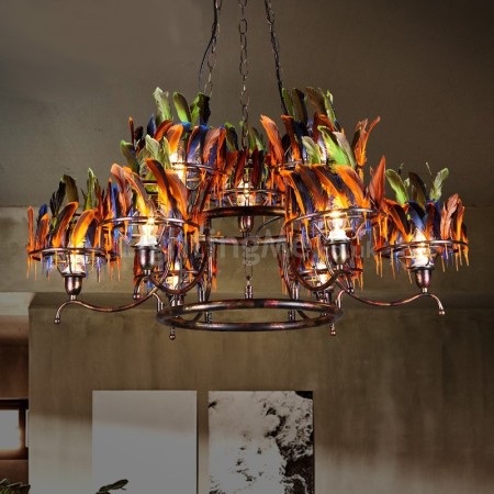 9 Light Feather Retro Steel Chandelier