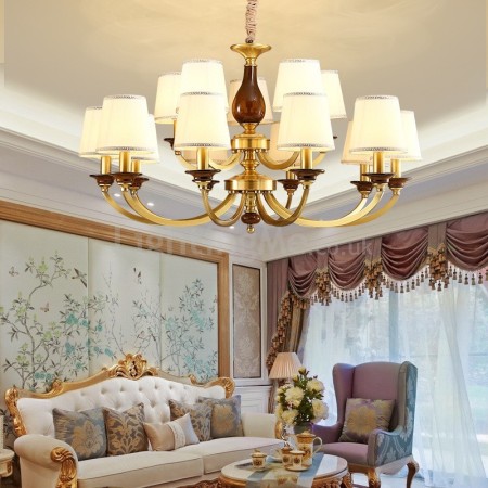 15 Light Retro Rustic Luxury Brass Chandelier with Glass Shade