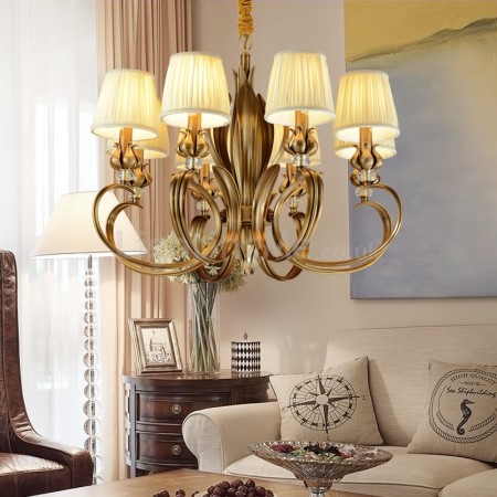 8 Light Retro Rustic Luxury Brass Chandelier with Fabric Shade