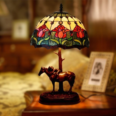 12 Inch Red Tulip Retro Stained Glass Table Lamp