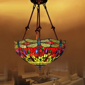 16 Inch Retro Dragonfly Stained Glass Pendant Light