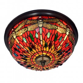 16 Inch Round Red Dragonfly Stained Glass Flush Mount