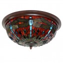 16 Inch Round Red Dragonfly Stained Glass Flush Mount