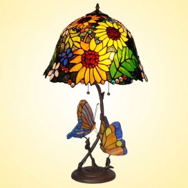 16 Inch Rural Butterfly Sunflower Stained Glass Table Lamp
