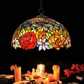 16 Inch 1 Light Rose Stained Glass Pendant Light