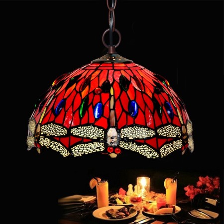 12 Inch Rural Red Dragonfly Stained Glass Pendant Light