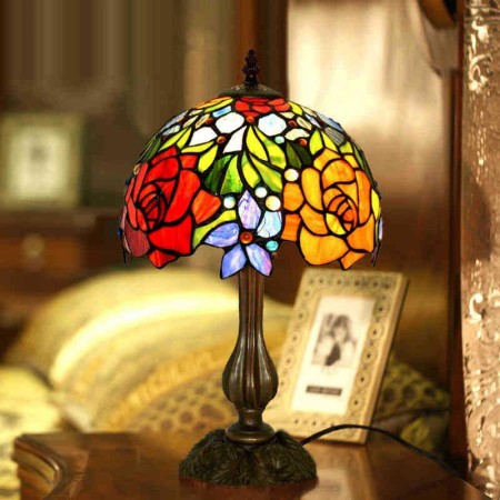 10 Inch Rural Rose Stained Glass Table Lamp