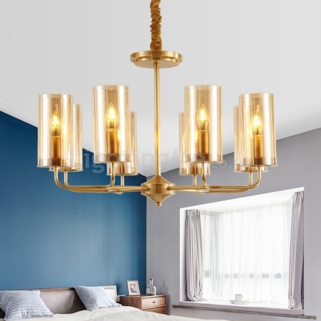 8 Light Retro Rustic Luxury Brass Chandelier with Glass Shade