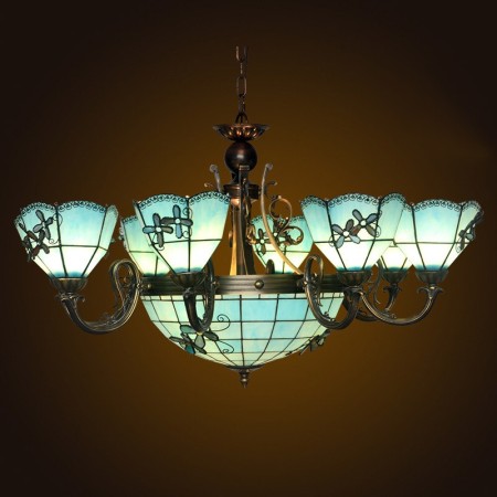 Mediterranean Style 8+1 Light Stained Glass Pendant Light