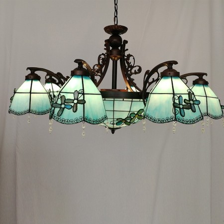 Blue Mediterranean Style 8+1 Light Chandelier Stained Glass Chandelier