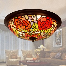 16 Inch Retro Rose Stained Glass Flush Mount